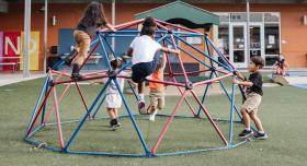 Children play on a jungle gym.