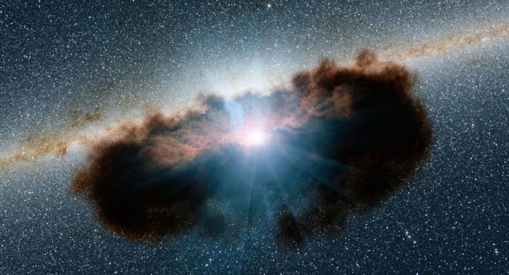 Artist illustration of a black hole surrounded by extremely thick clouds of gas and dust.