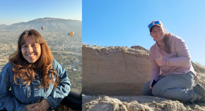 In the left-hand image, a woman wears a jean jacket and stands in front of a desert landscape dotted with hot air balloons. In the right-hand image, a woman wears a purple sweatshirt and gives a thumbs up while kneeling next to a desert rock formation.