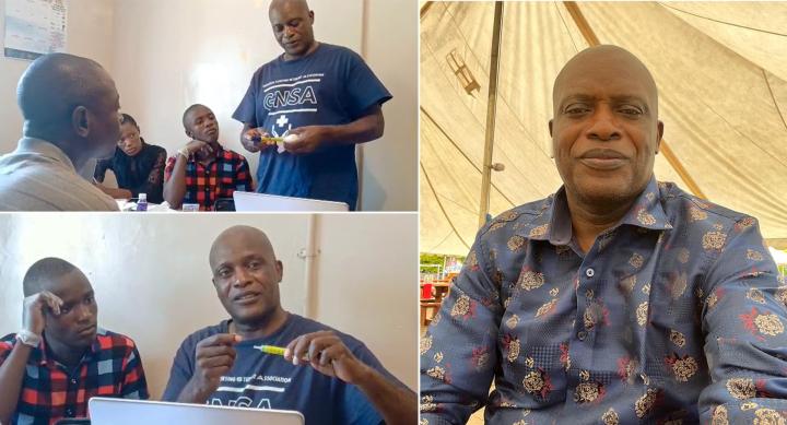 In three images, a man works with students in a classroom.