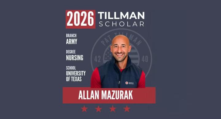 A headshot of Allan Mazurak against graphics for the 2026 Tillman Scholars program.